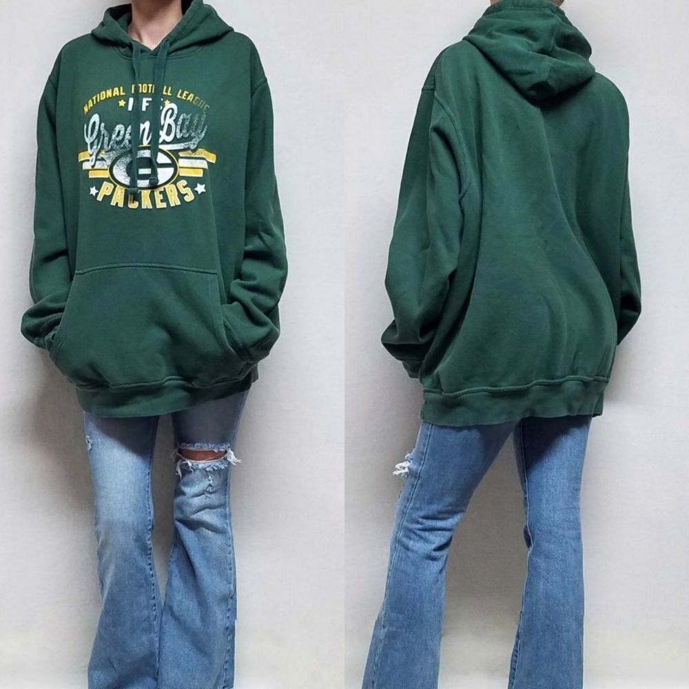 VINTAGE 1990s NFL Green Bay Packers Green Yellow Oversized Pullover Hoodie Large
